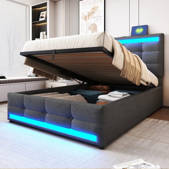 MODFU Ledikant 90x200 cm – Met RGB LED (app) & verstelbaar hoofdbord – Grijs