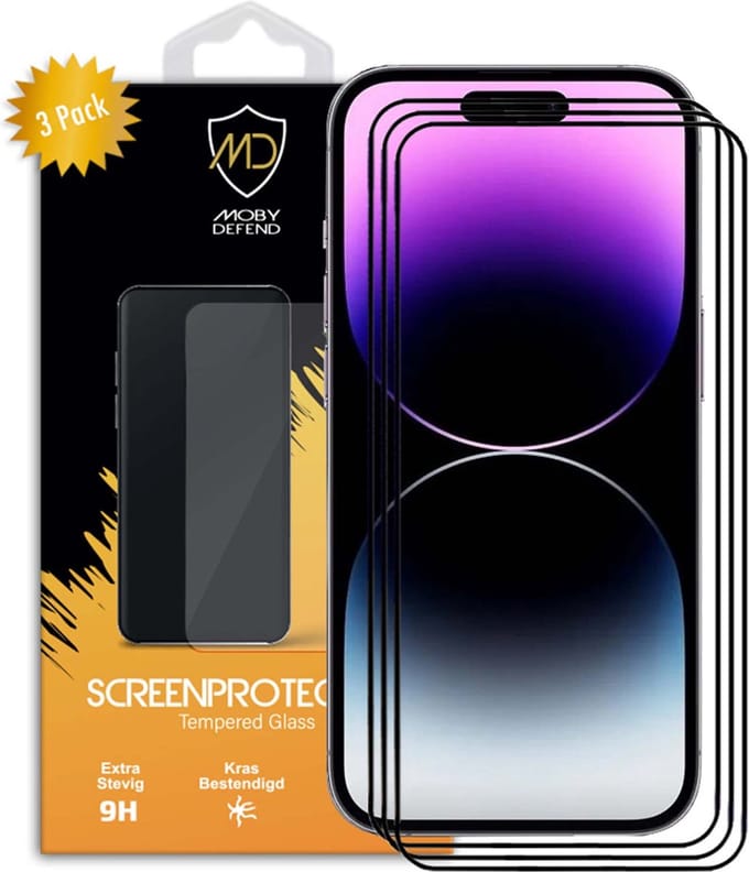 3-Pack MobyDefend Screenprotectors - Geschikt voor iPhone 14 Pro Max - Screensavers Met Zwarte Randen - Gehard Glas