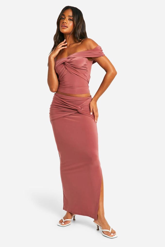 boohoo Dames Dubbele Slinky Knoop Front Maxi-rok | Roos | Maat: 34