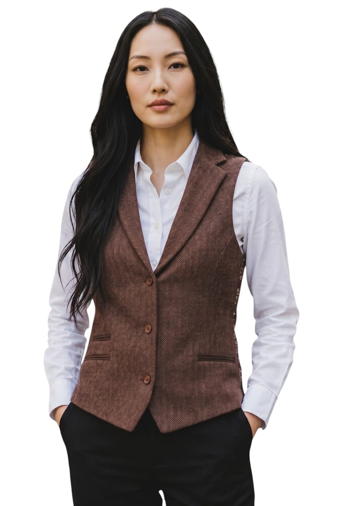 Dames roestbruine visgraatwol tweed geruite gepersonaliseerde vest - WS-1