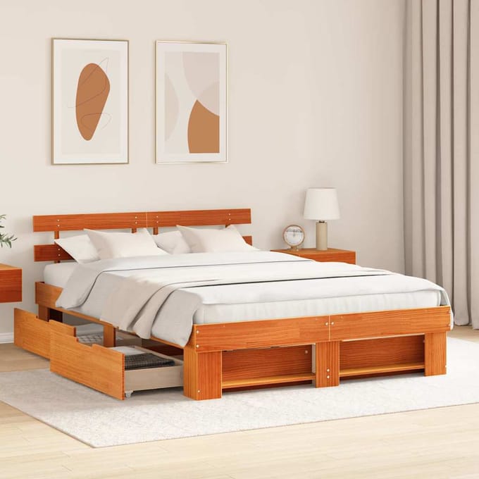 vidaXL - Bedframe - met - lade - Wasbruin - 150 - x - 200 - cm - Massief - grenenhout