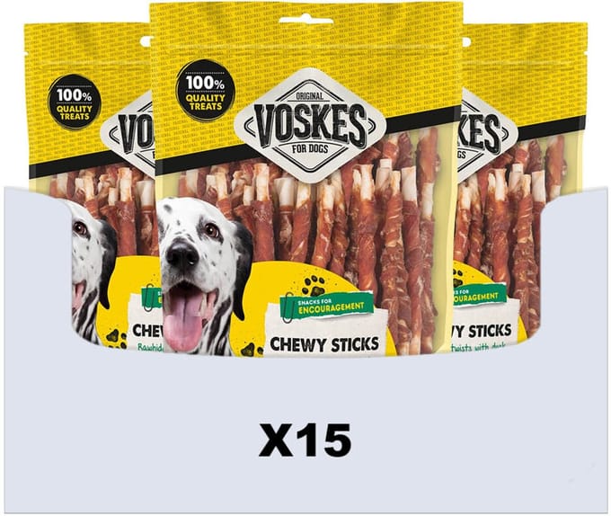 Voskes Hondensnack Rawhide Sticks Eend - 15 x 400 gr - Voordeelverpakking