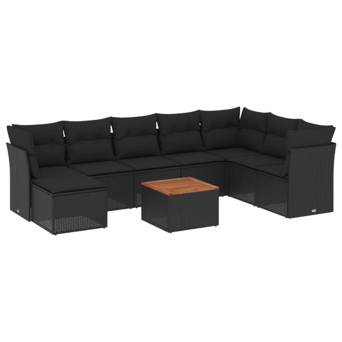 vidaXL - 9-delige - Loungeset - met - kussens - poly - rattan - zwart