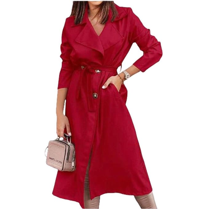 Herfst en Winter Verlengde Damesjas Grote Maat Trenchcoat Vetersluiting Jas 2XL red