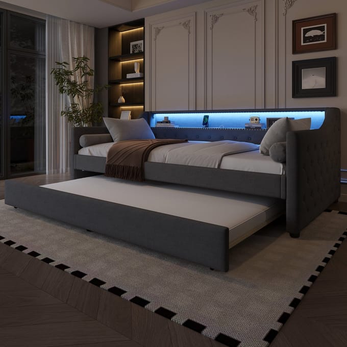 REDOM daybed 90x200 cm – Linnen grijs – Uitschuifbed, LED (app), USB – 3 pakketten