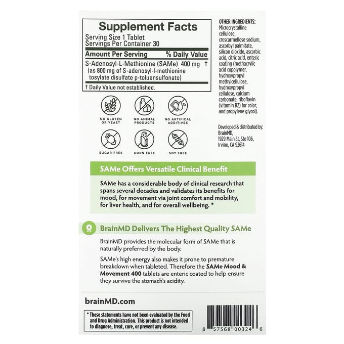 BrainMD, SAMe, Stemming & Beweging 400, 400 mg, 30 maagsapresistente tabletten