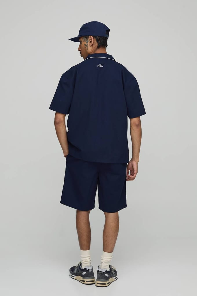 Oversized Pocket Detail Twill Shirt & Short Set | Navy | Size Medium