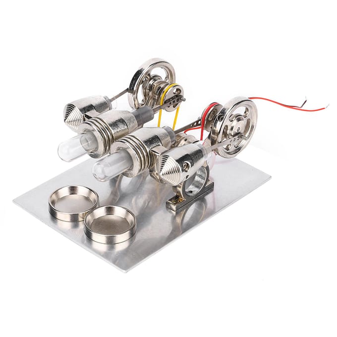 Miniatuurmodel van een Stirlingmotor met 4 cilinders, heteluchtgenerator, natuurkundelab white