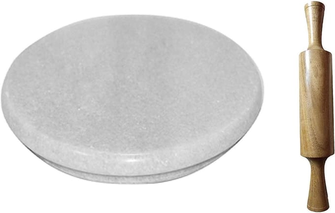Marmeren Chakla - Deegroller set - Brood platdrukken - Zware marmeren basis - 35 x 32 cm - Wit