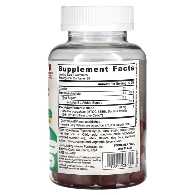 Jarrow Formulas, probiotic duo, framboos, 3 miljard, 60 gummies