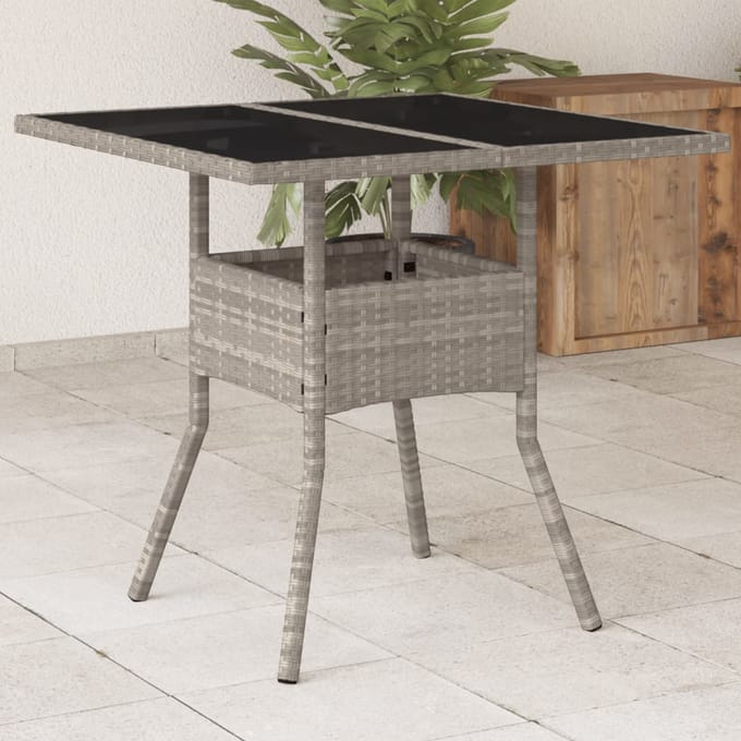 vidaXL - Tuintafel - met - glazen - blad - 80x80x75 - cm - poly - rattan - lichtgrijs