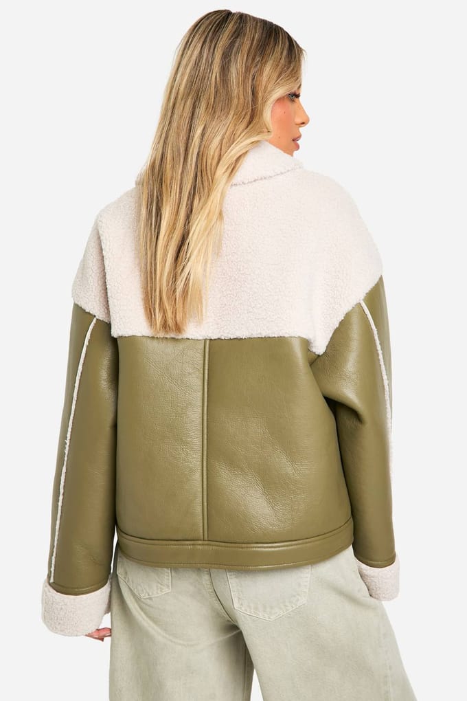 boohoo Dames Aviatorjas van kunstleer met teddy-afwerking | Sage | Maat: 8