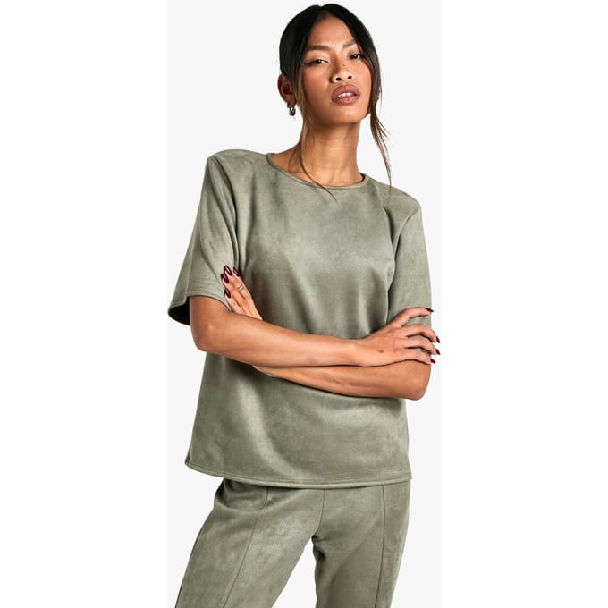 boohoo Dames Suede Oversized Fit met Schoudervulling T-Shirt | Kaki | Maat: 38