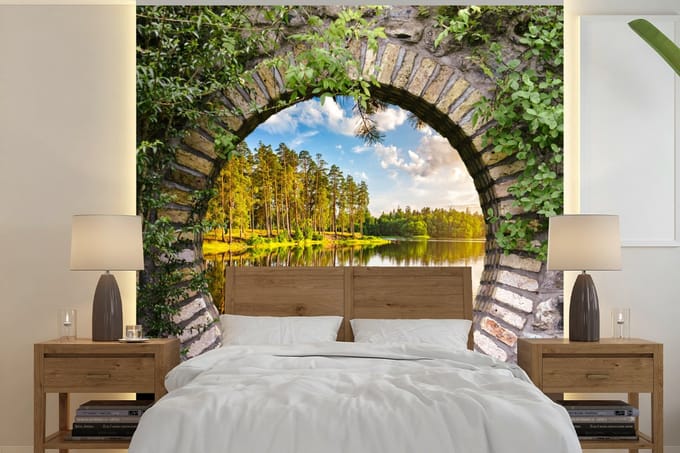 Behang - Fotobehang Bomen - Water - Doorkijk - Breedte 240 cm x hoogte 240 cm