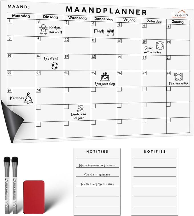Huysplan® - A3 Maandplanner - Zelf plakkend - Sticky planner - Inclusief stiften en wisser