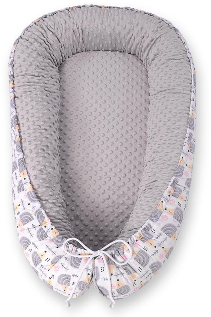 Babynest dubbelzijdig Premium Cocoon voor baby's BOBONO minky- egel grijs