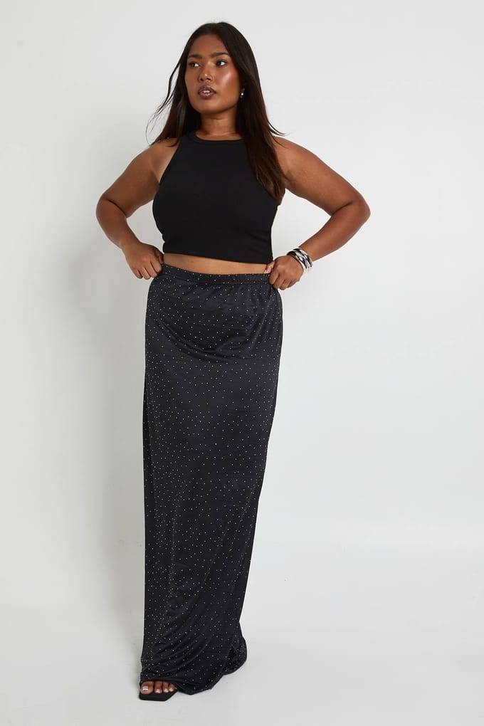 boohoo Dames Plus Hot Fix Maxi Rok | Black | Maat: 16