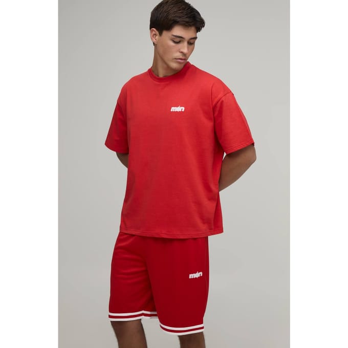 Heren Ster Applicatie Oversized T-shirt & Basketbalshort Set | Red | Size Medium