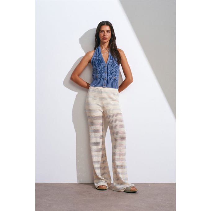 Dames Hoge Taille Brede Pijp Gestreepte Gebreide Broek