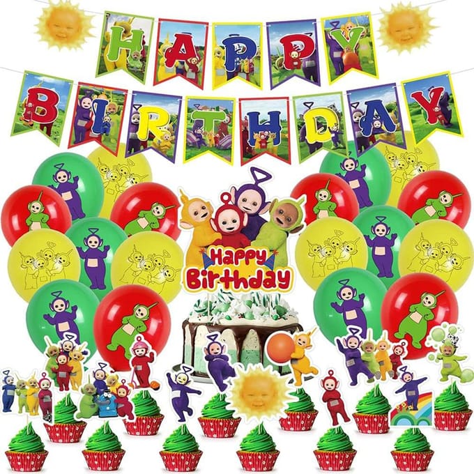 32 stuks Teletubbies feestartikelen inclusief banner cupcake toppers ballonnen multi