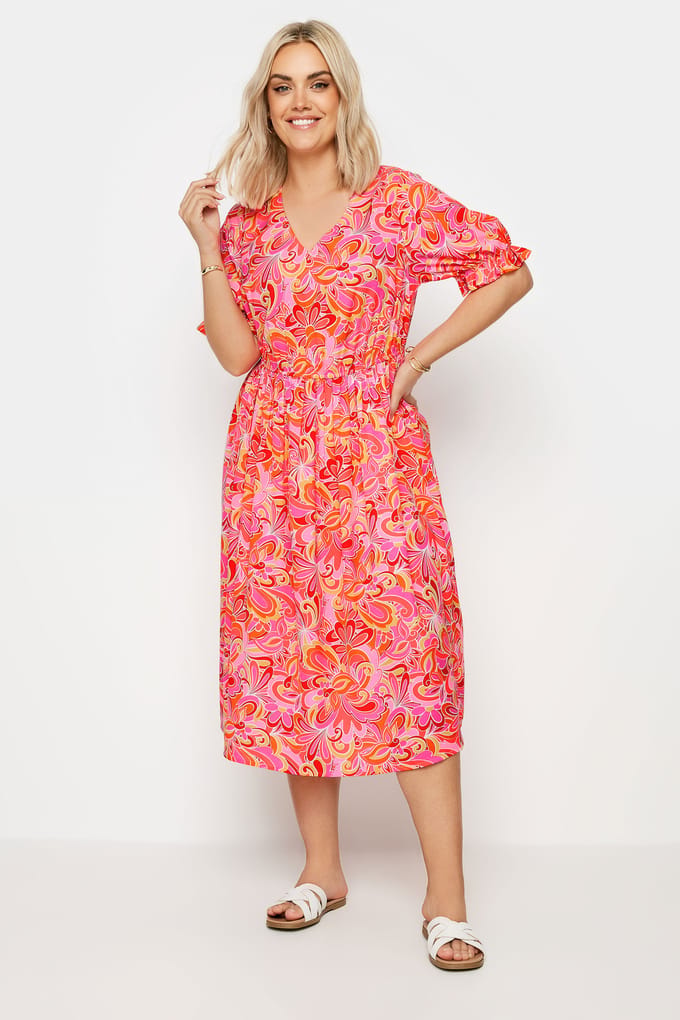 Yours Midijurk Met Korte Mouwen En Abstracte Print In Roze Size 48