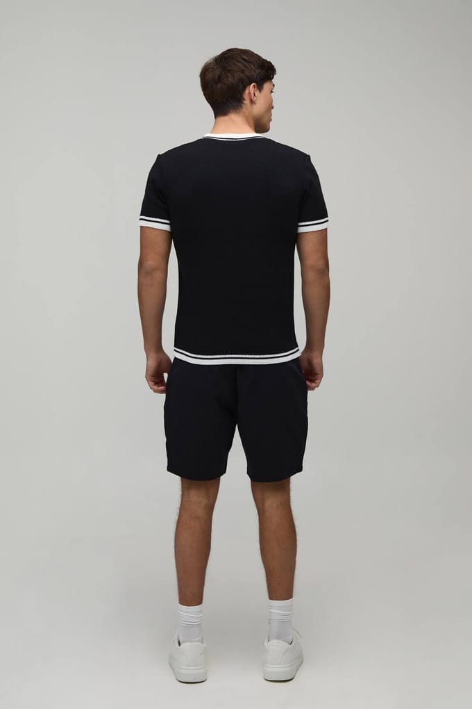 Muscle Fit Gebreid T-shirt Van Katoenmix Met Getipte Details | Black | Size Medium