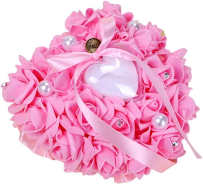 Bruiloft Ringkussen - Ringhouder Bruid - Trouw Ceremonie - Bloemknop Hartvorm - 18x17x8cm - Roze