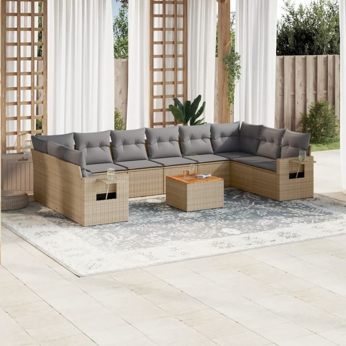 vidaXL - 11-delige - Tuinset - met - kussens - poly - rattan - beige