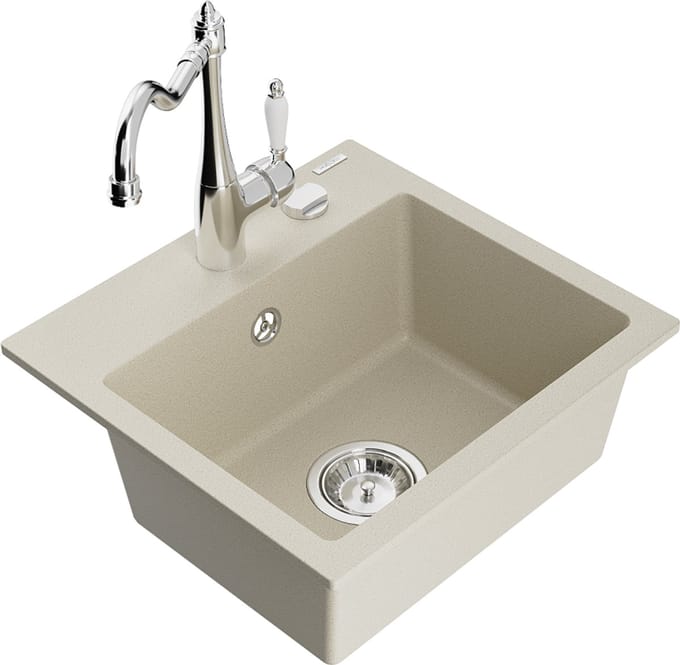 Mexen Milo granieten spoelbak 1-koer met keukenmengkraan Carla, beige - 6505-69-670700-00