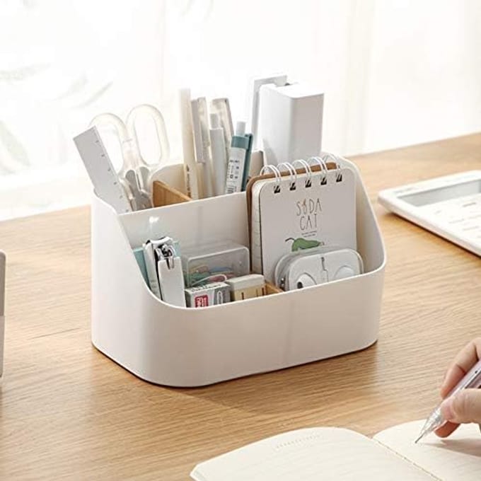 Famanu – Bamboe bureau organizer box met 5 vakken – multifunctionele desktop opslag – wit