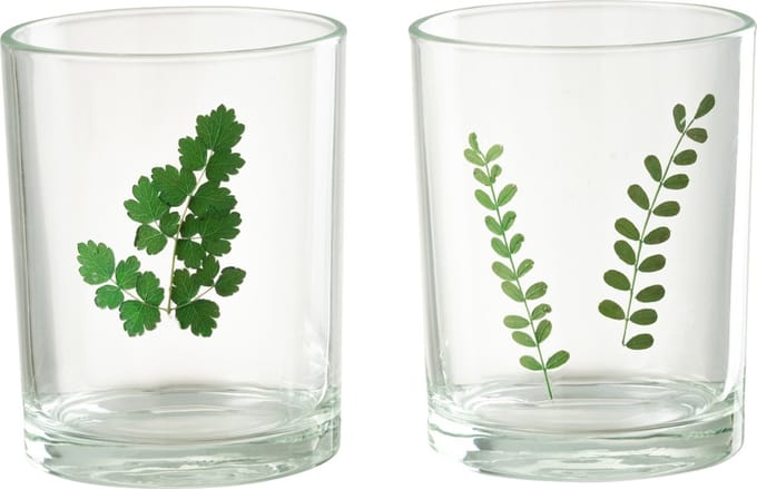 J-Line windlicht Bladeren - glas - groen/transparant - 2 stuks