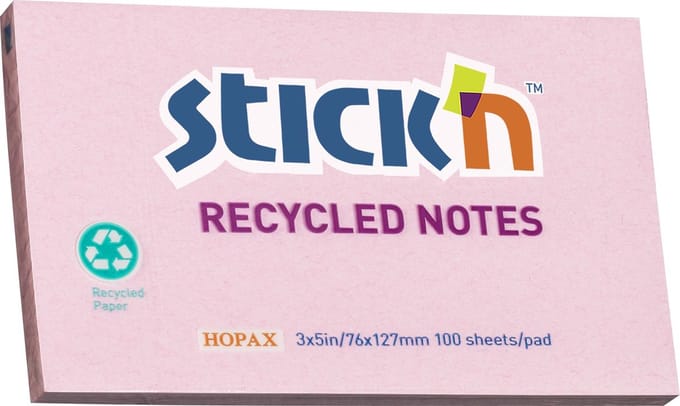 Stick'n recycled sticky notes - 76x127mm, pastel roze, 100 memoblaadjes