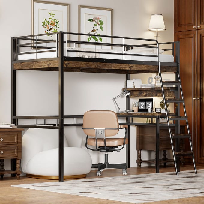 REDOM Hoogslaper – 90x200 cm – Met bureau & ladder – Metaal – Zwart