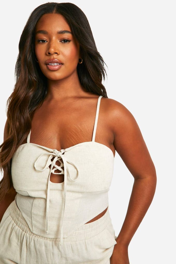 boohoo Dames Plus Linnen Look Corset Top met Veters | Steen | Maat: 52