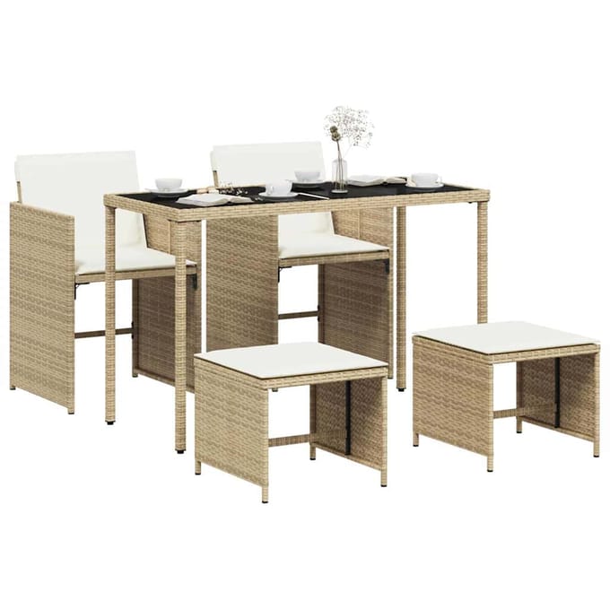 vidaXL - 5-delige - Tuinset - met - kussens - poly - rattan - beige
