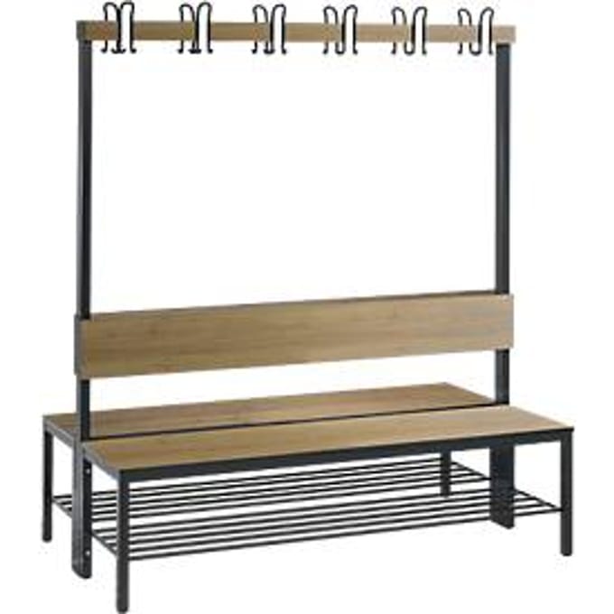 Garderobebank Basic Plus, 2-zijdig, rugleuning, met schoenenrek, beenframe zwart-grijs RAL 7021, B 1500 mm, decor eiken Ser.