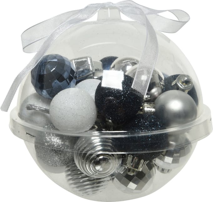 Decoris Kerstballen - 30x kunststof - donkerblauw wit zilver - 3 cm - mix matte glanzende glitter - kleine kerstballen
