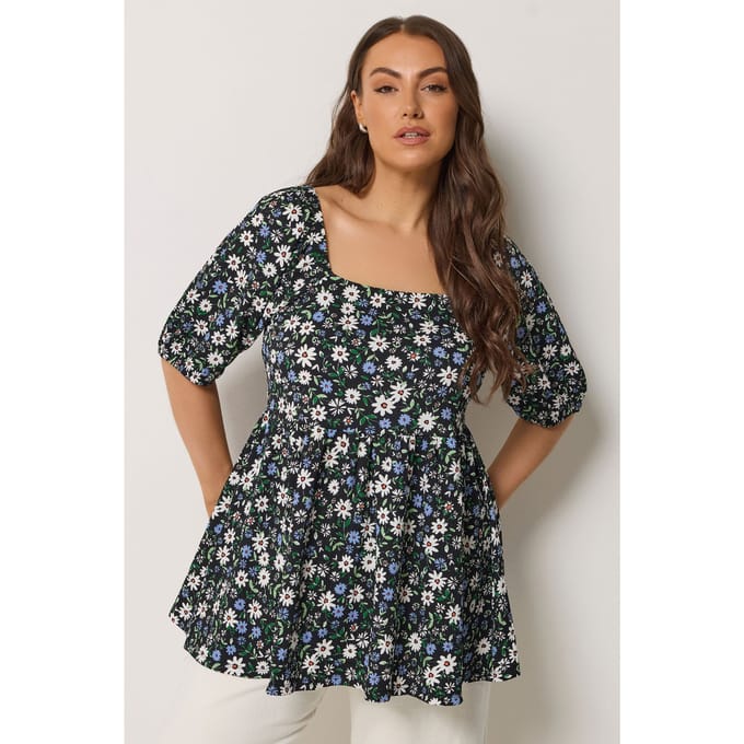 Yours Zwarte Peplumtop Met Bloemenprint Size 42