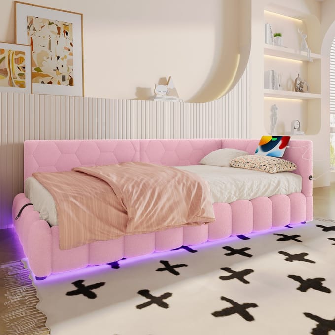 MODFU - Bedframe 90x200 cm – Roze velours met LED & USB/Type-C – Hydraulisch