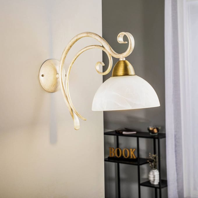 Luminex Wandlamp Flora, een glazen kap, wit/messing