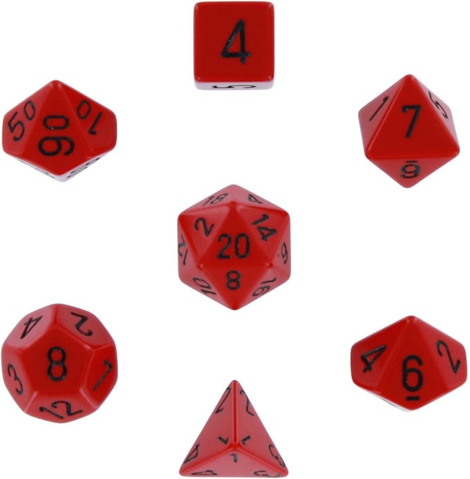 Chessex Opaak Rood Zwart Polydice Dobbelsteen Set 7 stuks.