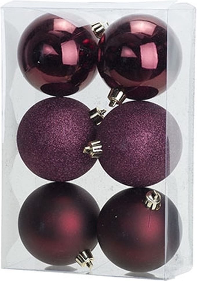 Cosy @ Home Kerstbal Set6 Mix Aubergine D8cm Kunstst