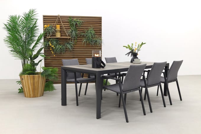 Lima/Kings 6-persoons stapelbare dining tuinset 220x100 cm. - Antraciet