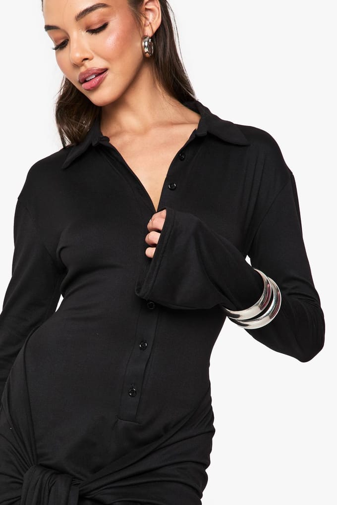 boohoo Dames Button Down Drape Mini Jurk | Black | Maat: 14