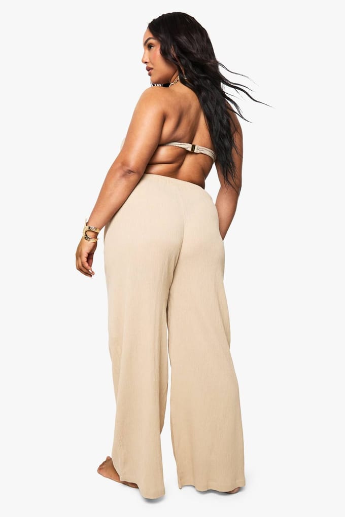 boohoo Dames Plus Crinkle Cotton Strandbroeken | Beige | Maat: 28