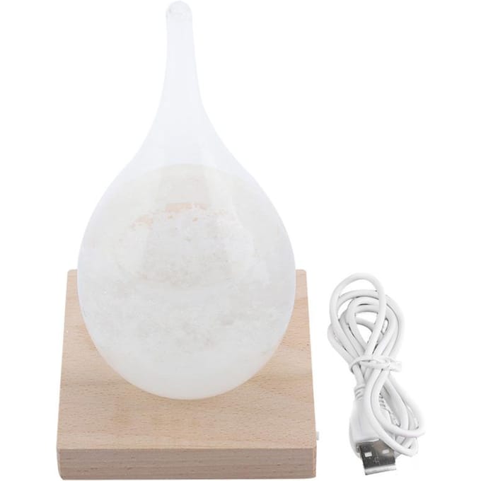 Station météo de bureau Storm Glass en forme de goutte avec base en bois à LED (M) white