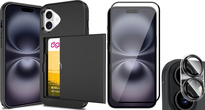 Hoesje met Pasjeshouder geschikt voor iPhone 16 Plus - Screenprotector FullGuard & Camera Lens Screen Protector - Back Cover SlideCase Zwart