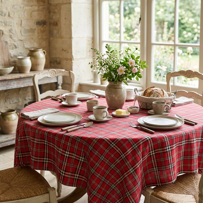 Rood Geruit Tafelkleed Castle – 200 cm rond – Schotse Ruit / Tartan / Kerst