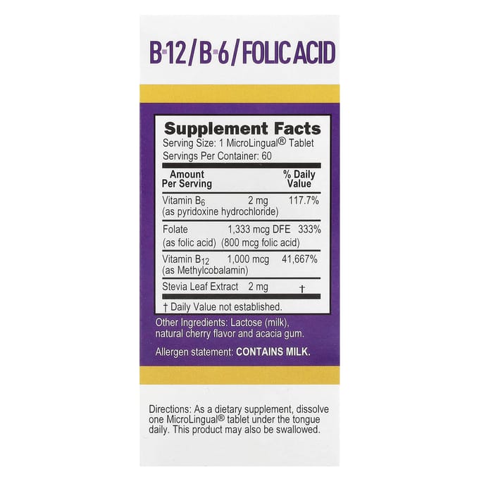 Methylcobalamine B-12, B-6 & Foliumzuur, Microlingual® Direct Oplosbare Tabletten, 60 Tabletten