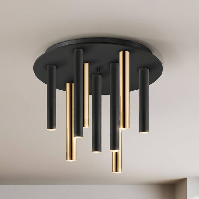 Schuller Valencia LED plafondlamp Varas dimbaar, 9-lamps, goud/zwart, metaal